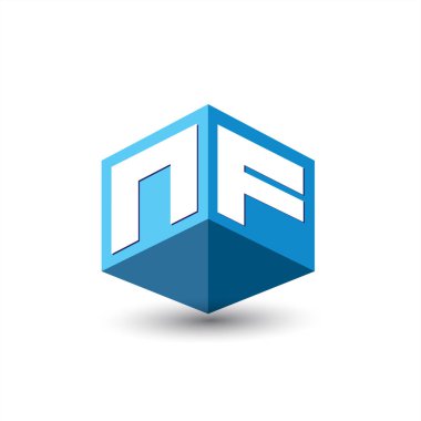 Altıgen şekilli ve mavi arkaplanlı NF logosu, şirket kimliği için harf tasarımlı küp logosu.