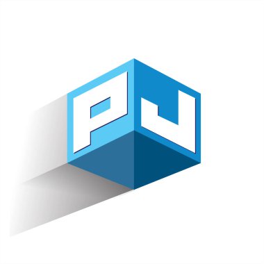 Altıgen şekilli ve mavi arkaplanlı PJ logosu, şirket kimliği için harf tasarımlı küp logosu.