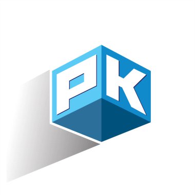 Altıgen şekilli ve mavi arkaplanlı PK logosu, şirket kimliği için harf tasarımlı küp logosu.