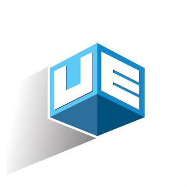 Altıgen şekilli ve mavi arkaplanlı UE logosu, şirket kimliği için harf tasarımlı küp logosu.