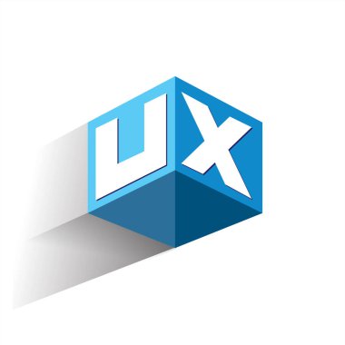 Altıgen şekilli ve mavi arkaplanlı UX logosu, şirket kimliği için harf tasarımlı küp logosu.