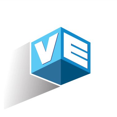 Altıgen şekilli ve mavi arkaplanlı VE logosu, şirket kimliği için harf tasarımlı küp logosu.