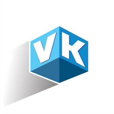 Altıgen şekilli ve mavi arkaplanlı VK logosu, şirket kimliği için harf tasarımlı küp logosu.