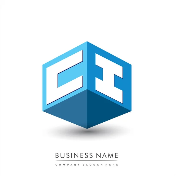六角形の形と青の背景に文字Ciロゴ 会社のアイデンティティのための文字デザインとキューブのロゴ — ストックベクタ
