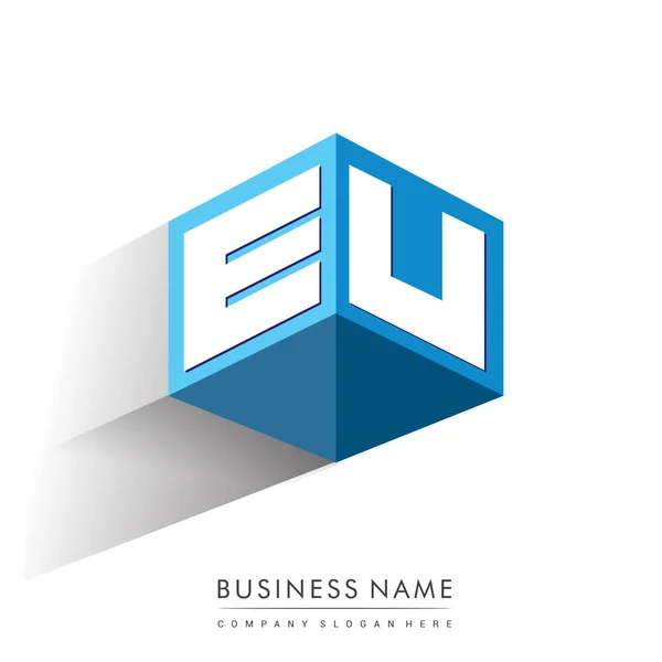 字母Eu六边形标识 蓝色背景 立方体标识 公司标识字母设计 — 图库矢量图片