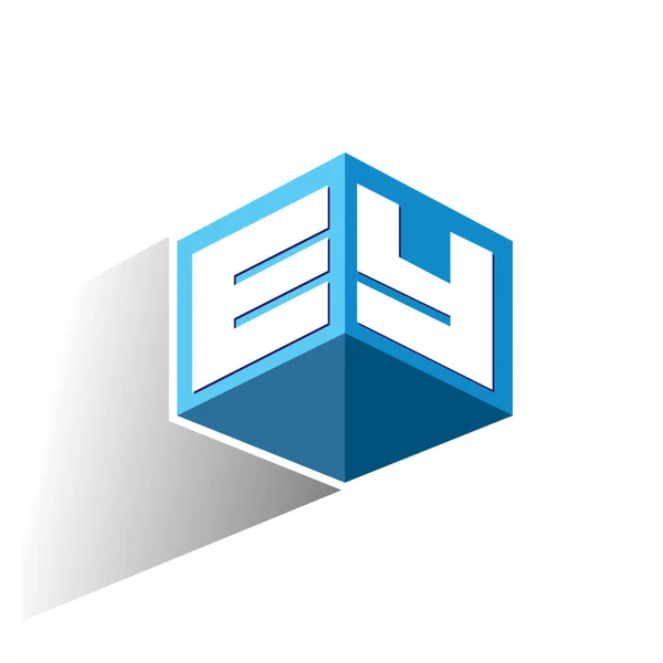 六角形の形状と青の背景に文字Eyロゴ 会社のアイデンティティのための文字デザインのキューブのロゴ — ストックベクタ