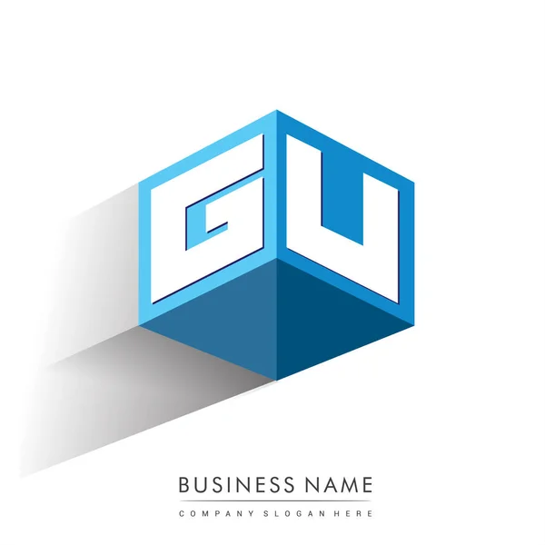 Logo Letra Forma Hexágono Fondo Azul Logotipo Cubo Con Diseño — Vector de stock