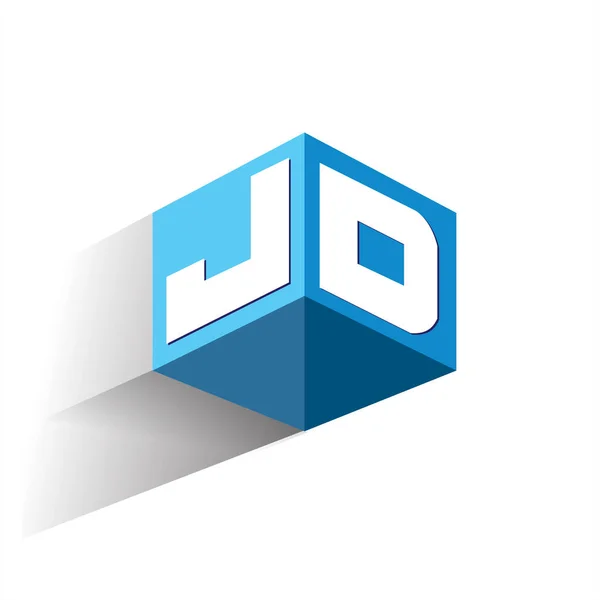 六角形の形と青の背景に文字Jdのロゴ 会社のアイデンティティのための文字デザインのキューブのロゴ — ストックベクタ