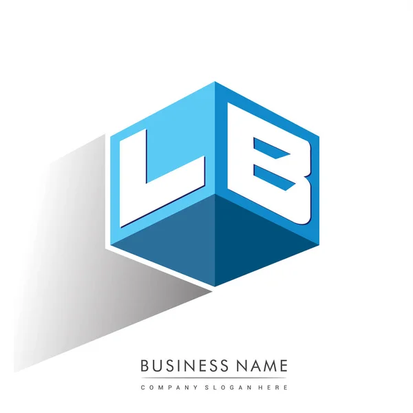 六边形和蓝色背景字母Lb标识 带有公司标识字母设计的立方体标识 — 图库矢量图片
