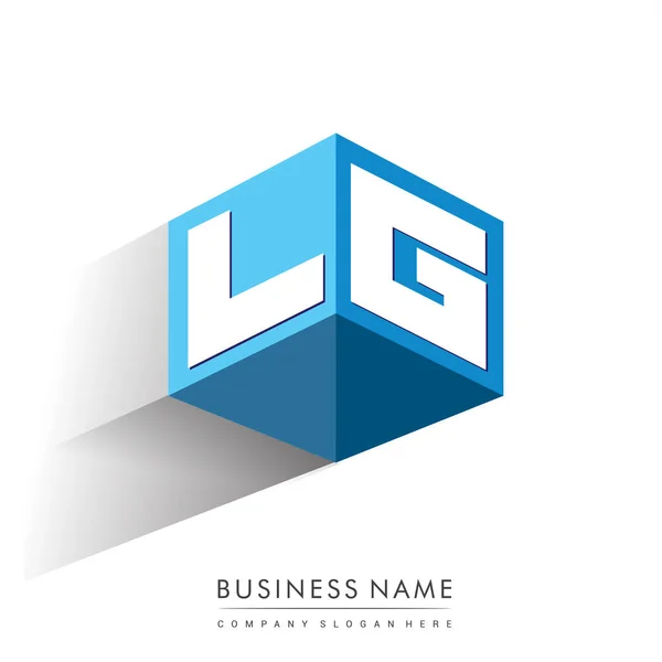 六角形と青の背景に文字Lgのロゴ 会社のアイデンティティのための文字のデザインとキューブのロゴ — ストックベクタ