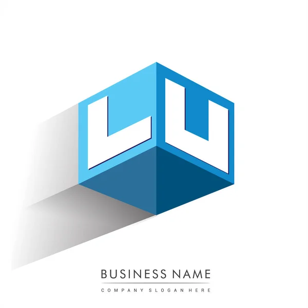 六边形蓝色背景的字母Lu标识 带有公司标识字母设计的立方体标识 — 图库矢量图片