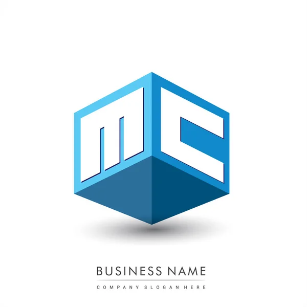六边形和蓝色背景字母Mc标识 带有公司标识字母设计的立方体标识 — 图库矢量图片