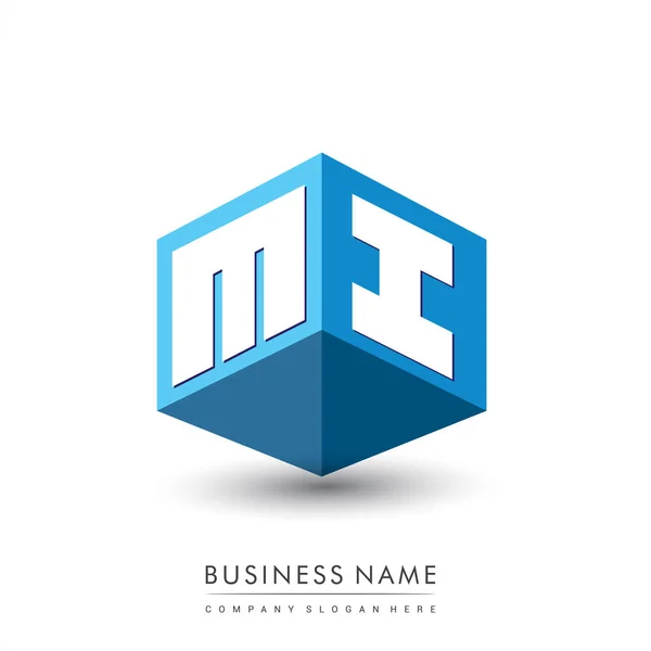 六边形和蓝色背景的字母Mi标识 带有公司标识字母设计的立方体标识 — 图库矢量图片