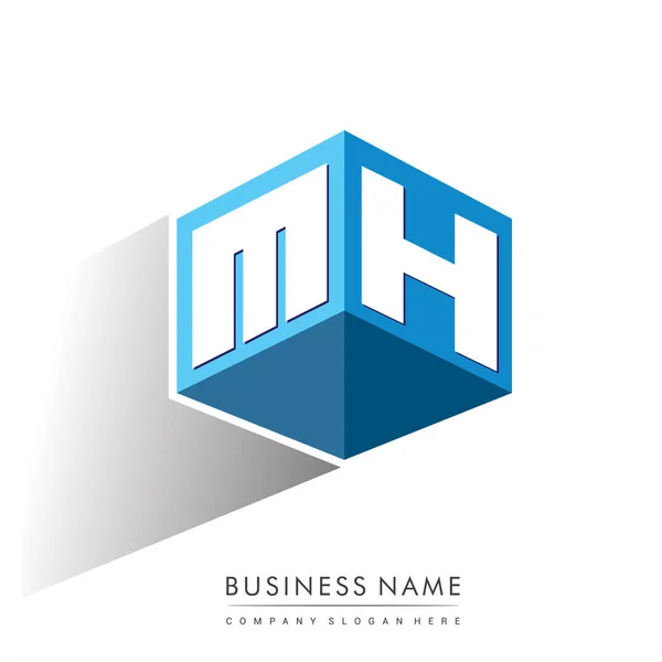 六边形和蓝色背景的字母Mh标识 带有公司标识字母设计的立方体标识 — 图库矢量图片