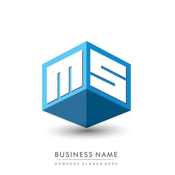 六边形和蓝色背景的字母Ms标志 带有公司标识字母设计的立方体标志 — 图库矢量图片