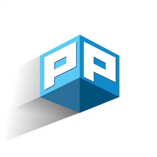 六角形の形状と青の背景にレターPpのロゴ 会社のアイデンティティのための文字デザインとキューブのロゴ — ストックベクタ