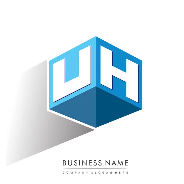 Lettera Logo Forma Esagonale Sfondo Blu Logo Cubo Con Lettera — Vettoriale Stock