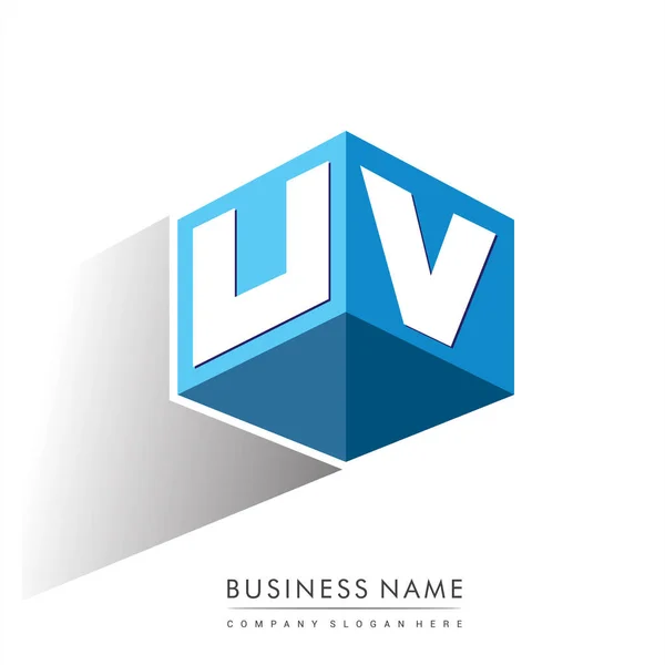 六边形和蓝色背景的字母Uv标识 带有公司标识字母设计的立方体标识 — 图库矢量图片