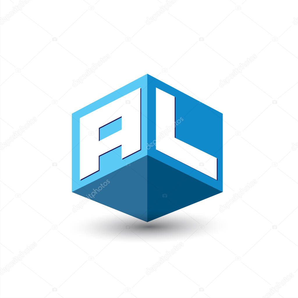 Letter AL logo in hexagon shape and blue background, cube logo with letter design for company identity.