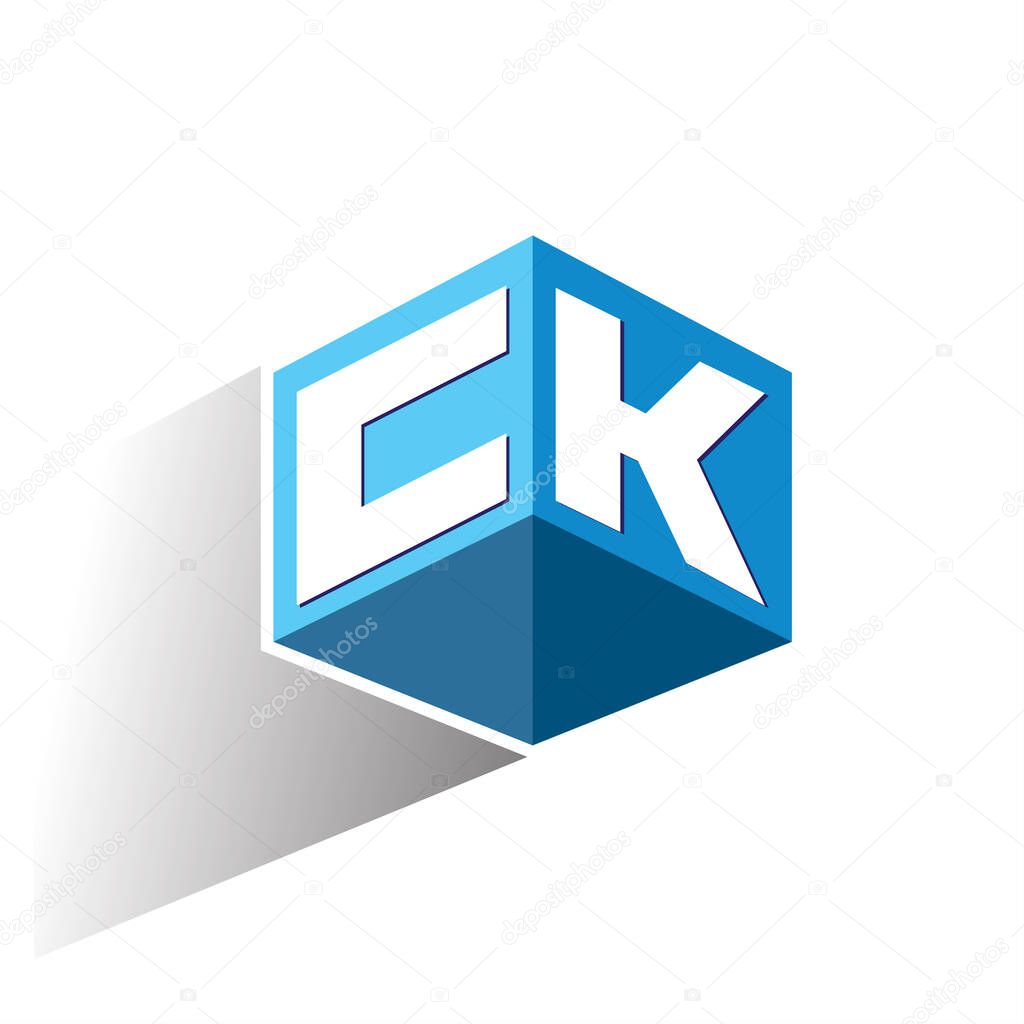Letter CK logo in hexagon shape and blue background, cube logo with letter design for company identity.