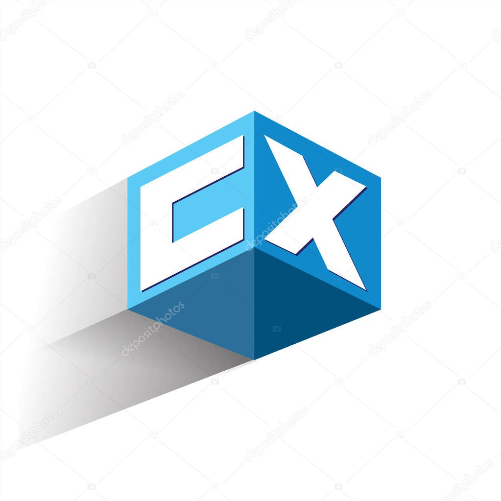 Letter CX logo in hexagon shape and blue background, cube logo with letter design for company identity.