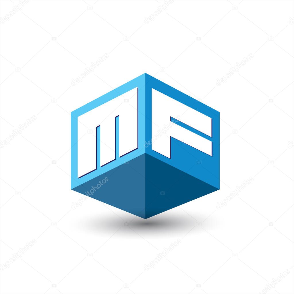 Letter MF logo in hexagon shape and blue background, cube logo with letter design for company identity.