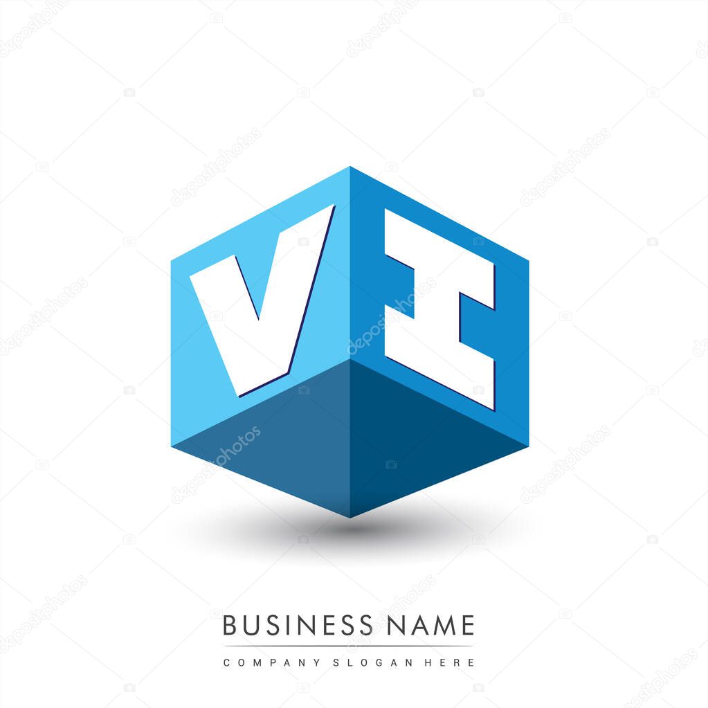 Letter VI logo in hexagon shape and blue background, cube logo with letter design for company identity.