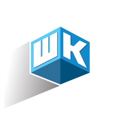 Altıgen şekilli ve mavi arkaplanlı WK logosu, şirket kimliği için harf tasarımlı küp logosu.