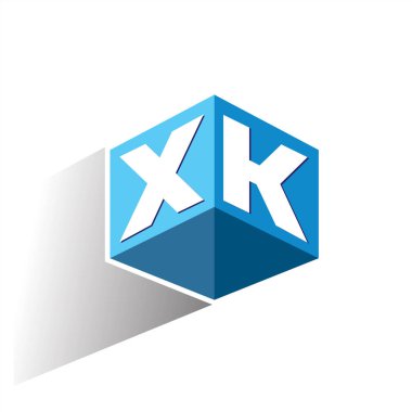 Altıgen şekilli ve mavi arkaplanlı XK logosu, şirket kimliği için harf tasarımlı küp logosu.