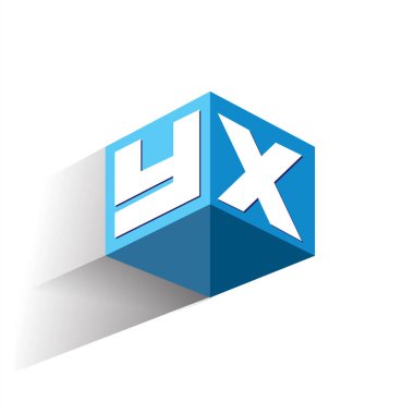 Altıgen şekilli ve mavi arkaplanlı YX logosu, şirket kimliği için harf tasarımlı küp logosu.