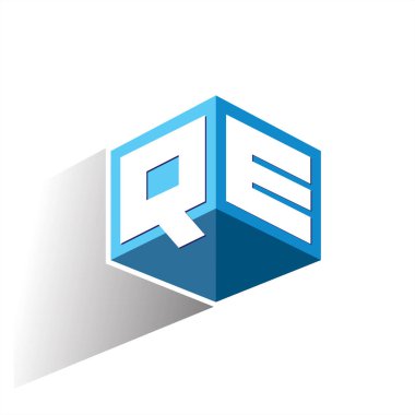 Altıgen şekilli ve mavi arkaplanlı QE logosu, şirket kimliği için harf tasarımlı küp logosu.