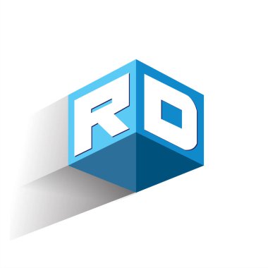 Altıgen şekilli ve mavi arkaplanlı Ar-Ge logosu, şirket kimliği için harf tasarımlı küp logosu.