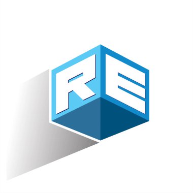 Altıgen şekilli ve mavi arkaplanlı RE logosu, şirket kimliği için harf tasarımlı küp logosu.