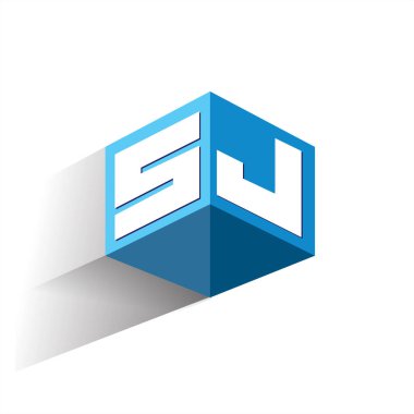Altıgen şekilli ve mavi arkaplanlı SJ logosu, şirket kimliği için harf tasarımlı küp logosu.