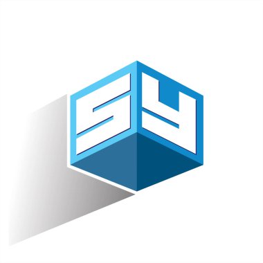 Altıgen şekilli ve mavi arkaplanlı SY logosu, şirket kimliği için harf tasarımlı küp logosu.