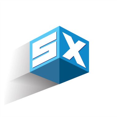 Altıgen şekilli ve mavi arkaplanlı SX logosu, şirket kimliği için harf tasarımlı küp logosu.