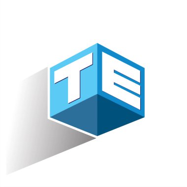 Altıgen şekilli ve mavi arkaplanlı TE logosu, şirket kimliği için harf tasarımlı küp logosu.