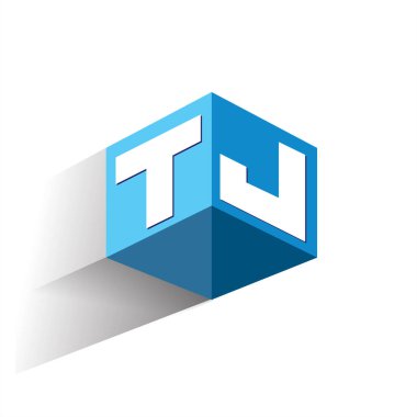 Altıgen şekilli ve mavi arkaplanlı TJ logosu, şirket kimliği için harf tasarımlı küp logosu.