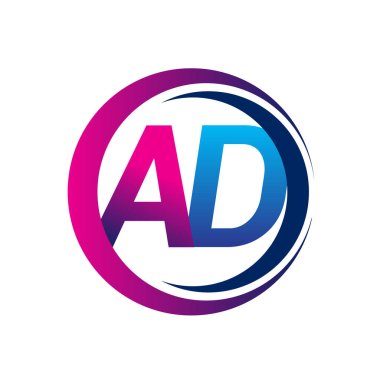 İlk harf logosu AD şirketinin mavi ve morumsu renkleri daire ve swoosh tasarımı. İş ve şirket kimliği için vektör logosu.