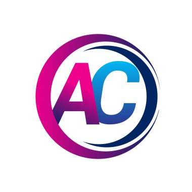 İlk harf logosu AC şirketi daire ve swoosh tasarımında mavi ve morumsu renkte. İş ve şirket kimliği için vektör logosu.