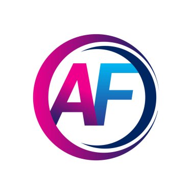 İlk harf logosu AF şirketi daire ve swoosh tasarımında mavi ve morumsu renkte. İş ve şirket kimliği için vektör logosu.