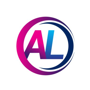 İlk harf AL logosu mavi ve morumsu renkli daire ve swoosh tasarımlı. İş ve şirket kimliği için vektör logosu.