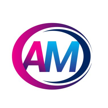İlk harf amblemi AM şirketi daire ve swoosh tasarımında mavi ve morumsu renkte. İş ve şirket kimliği için vektör logosu.