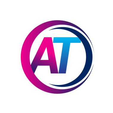 İlk harf amblemi AT şirketinin dairesel ve eflatun dizaynlı mavi ve morumsu rengi. İş ve şirket kimliği için vektör logosu.