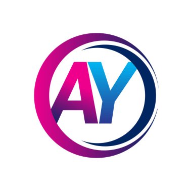 İlk harf AY şirketi dairesel ve eflatun dizaynlı mavi ve morumsu renk. İş ve şirket kimliği için vektör logosu.