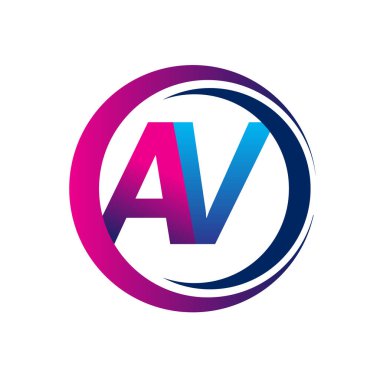 İlk harf AV şirketi daire ve swoosh tasarımında mavi ve morumsu renkte. İş ve şirket kimliği için vektör logosu.