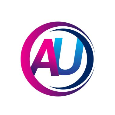 İlk harf AU AU şirketi daire ve swoosh tasarımında mavi ve morumsu renkte. İş ve şirket kimliği için vektör logosu.