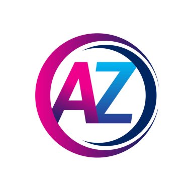 İlk harf logosu AZ şirketi daire ve swoosh tasarımında mavi ve morumsu renkte. İş ve şirket kimliği için vektör logosu.