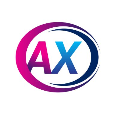 İlk harf logosu AX şirketi daire ve swoosh tasarımında mavi ve morumsu renkte. İş ve şirket kimliği için vektör logosu.