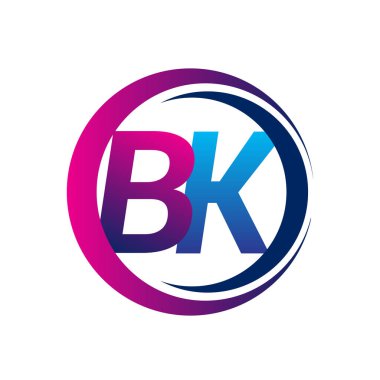 İlk harf logosu BK şirketi daire ve swoosh tasarımında mavi ve morumsu renkte. İş ve şirket kimliği için vektör logosu.